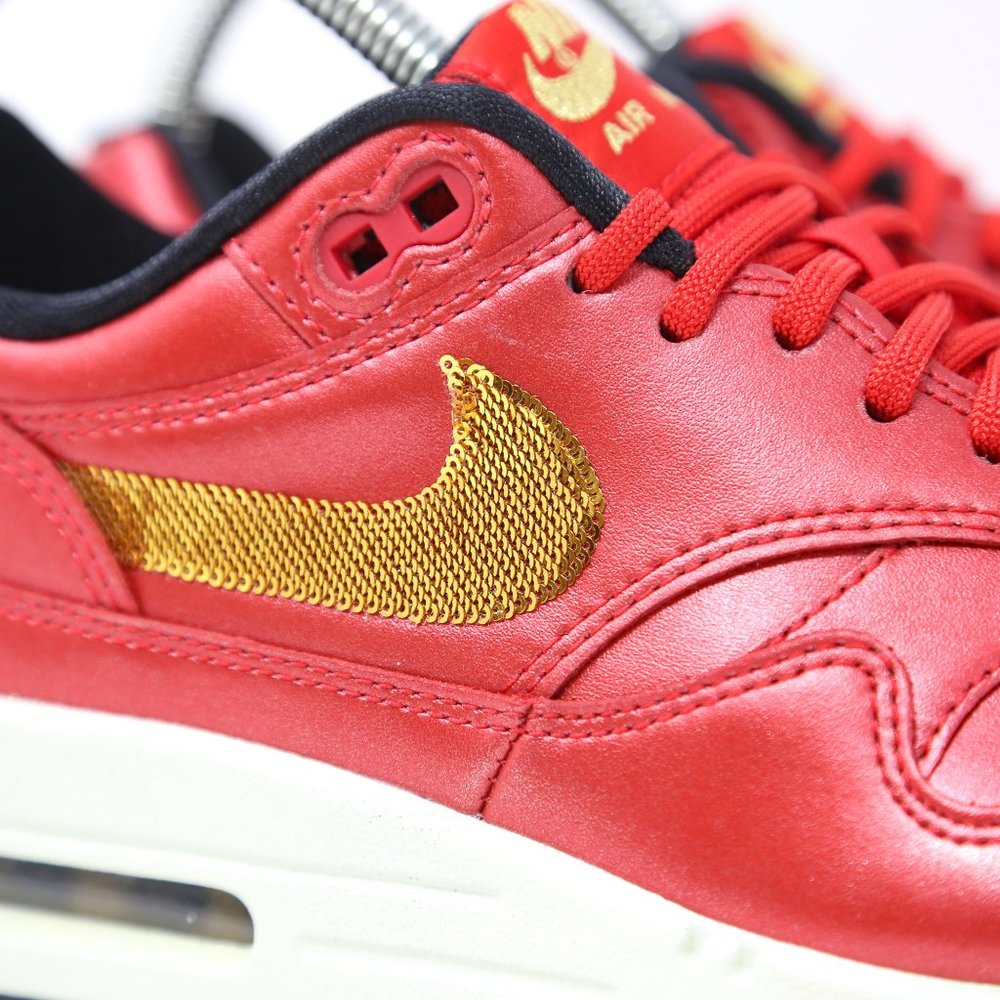 Nike Air Max 1 Womens Red Gold Sequin Leather 95 - Picture 7 of 11